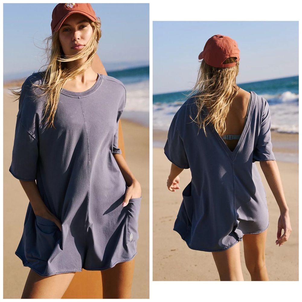 Free People FP Movement Hot Shot Tee Romper in Blue Indigo NWOT Medium